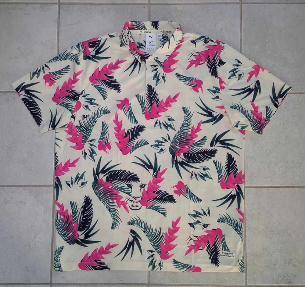 PUMA Golf x Duvin Men's Large Polo Shirt White Tropical Floral Performance